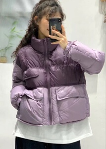 欧货拼色立领羽绒服女短款2023冬季新款宽松时尚白鸭绒面包服外套