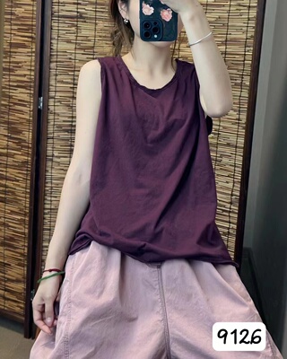 高品质夏季新款纯棉吊带背心女宽松休闲复古百搭纯色圆领无袖上衣