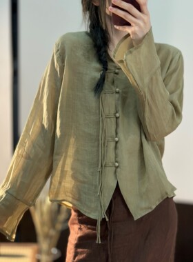 文艺新中式荷叶袖高端苎麻小衫女V领单排扣轻薄透气长袖国风上衣