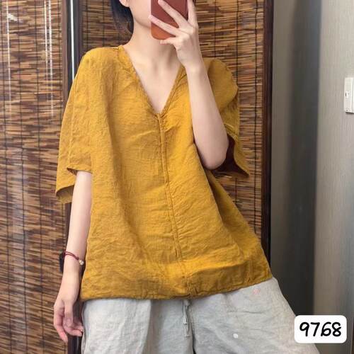100%亚麻T恤女V领短袖套头衫上衣