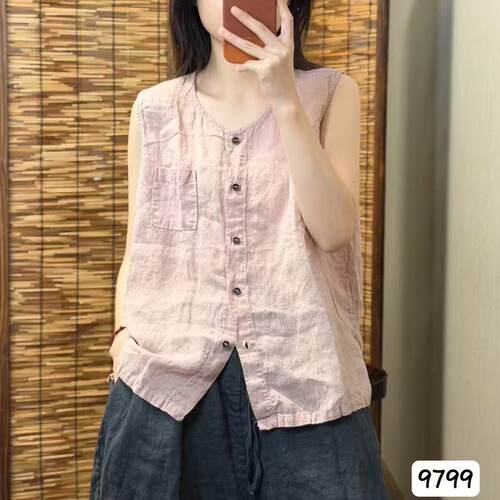 纯色亚麻圆领无袖衬衫女T恤上衣