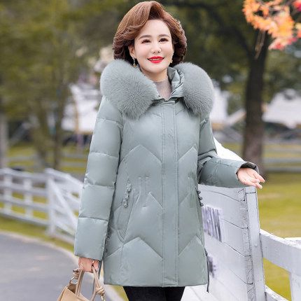 中年妈妈羽绒服女中长款2024新款加厚中老年洋气外套冬