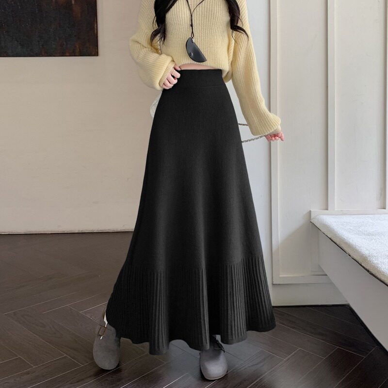 针织百褶半身裙女士2025新款高腰显瘦包臀大摆垂感a字长款冬裙子