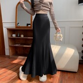 a字修身 鱼尾裙针织紧身包臀裙女2025新款 秋冬中长款 高腰大摆黑色