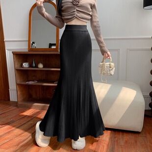 高腰大摆黑色 a字修身 鱼尾裙针织紧身包臀裙女2025新款 秋冬中长款