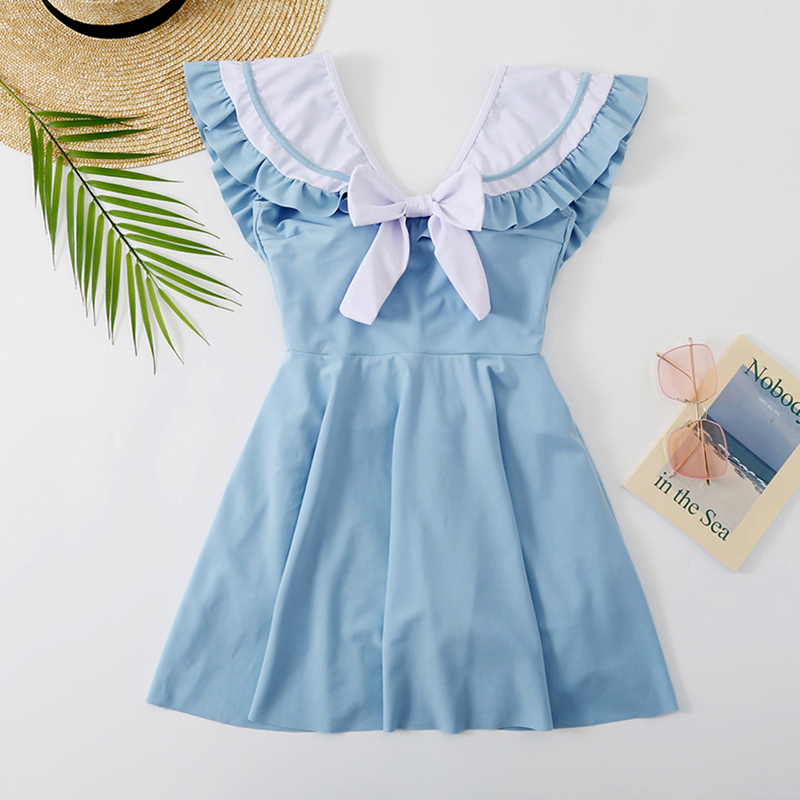 女童中大童少女裙式连体平角泳衣