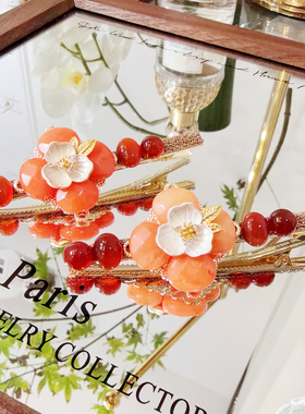 JIALI韩国Aron·s代购复古花朵发夹玉石发饰精致小众橙色花朵发卡