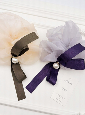 韩国东大门佳丽代购紫色欧根纱蝴蝶结珍珠网纱大肠绑马尾发圈发绳