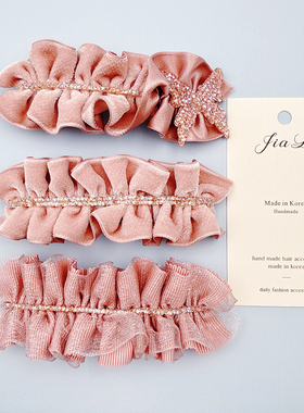 JIALI韩国代购TAURUS施华子砂糖水晶S钻粉螺纹带丝绒水晶纱弹簧夹