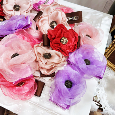 韩系撞色烧花绢纱花朵弹簧发夹