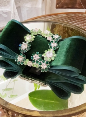 JIALI韩国SEOLREIM水晶方扣绿色丝绒双层蝴蝶结发夹立体轻奢发饰