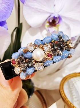 JIALI韩国代购Ruby蓝色精致水晶串珠发夹珍珠水钻小号刘海鸭嘴夹