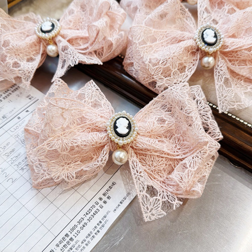 韩国复古蕾丝蝴蝶结珍珠水钻发夹