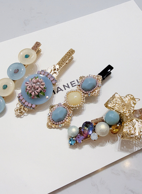 韩国代购Aron·s发饰复古宫廷鸭嘴夹手工原石小众设计玉石水晶夹