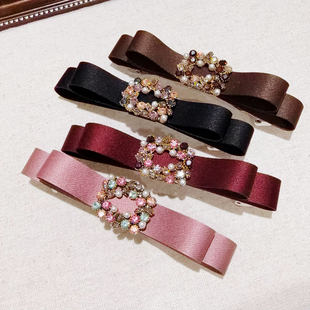 JIALI韩国C·M代购奢华复古水晶扣蝴蝶结发夹女珍珠弹簧夹马尾夹