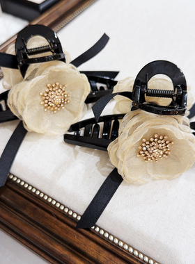 佳丽韩国Hyang Gi代购淡黄色网纱水晶钻花朵抓夹女装饰发夹头饰