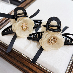 佳丽韩国Hyang Gi代购淡黄色网纱水晶钻花朵抓夹女装饰发夹头饰