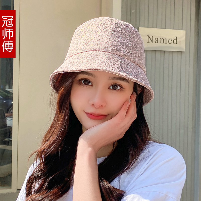 冠师傅女士遮阳帽户外休闲旅游盆帽韩版亮片蕾丝时尚潮流渔夫帽