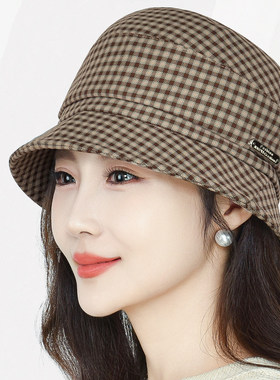 气质格纹渔夫帽女春秋短檐帽子中年妈妈帽显脸小遮阳帽薄款可折叠