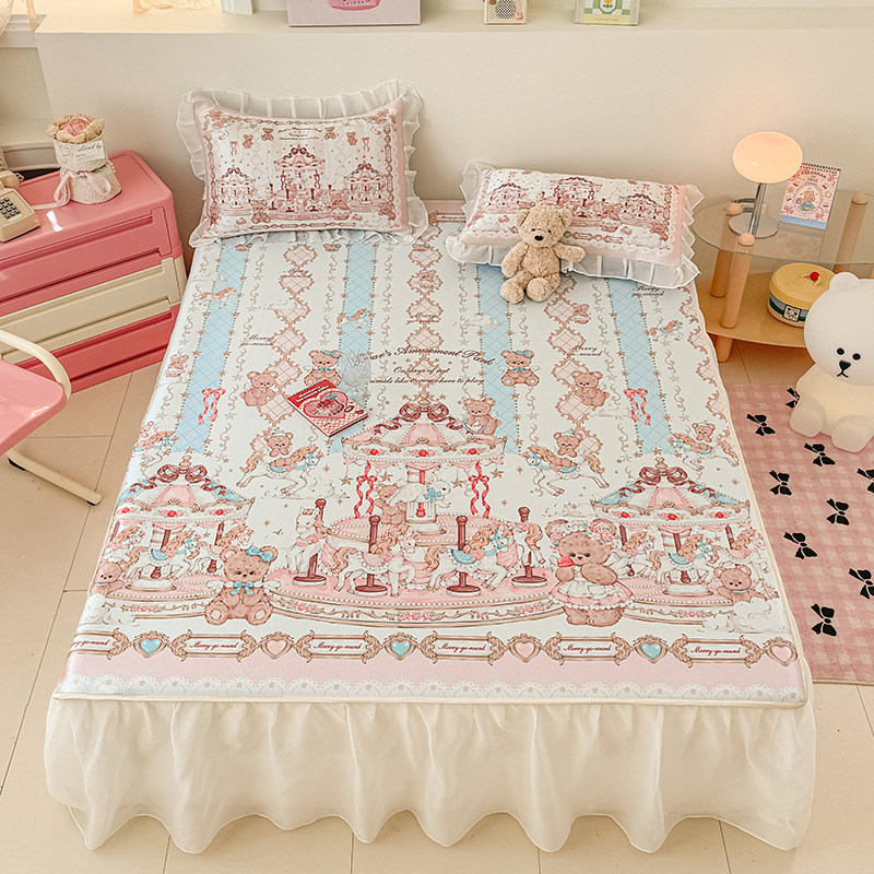 可爱lolita冰丝凉席三件套花边床裙款夏季洛丽塔女孩宿舍席可机洗