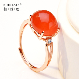 天然保山南红原矿冰红玛瑙戒指玛瑙指环复古气质女S925纯银生日礼