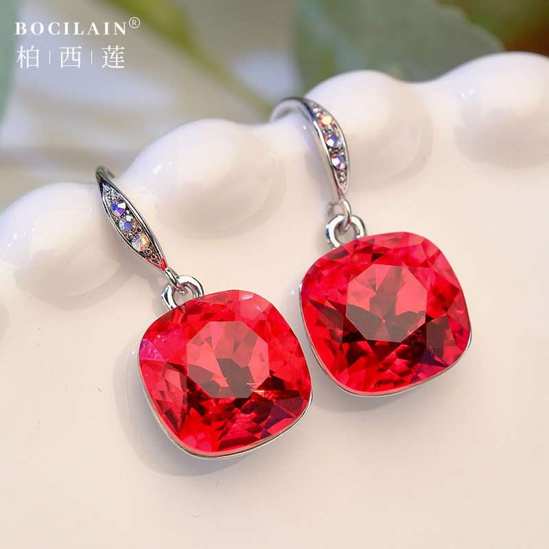 高级感轻奢奥地利红水晶耳环925纯银耳钉小众ins节生日礼物送女友