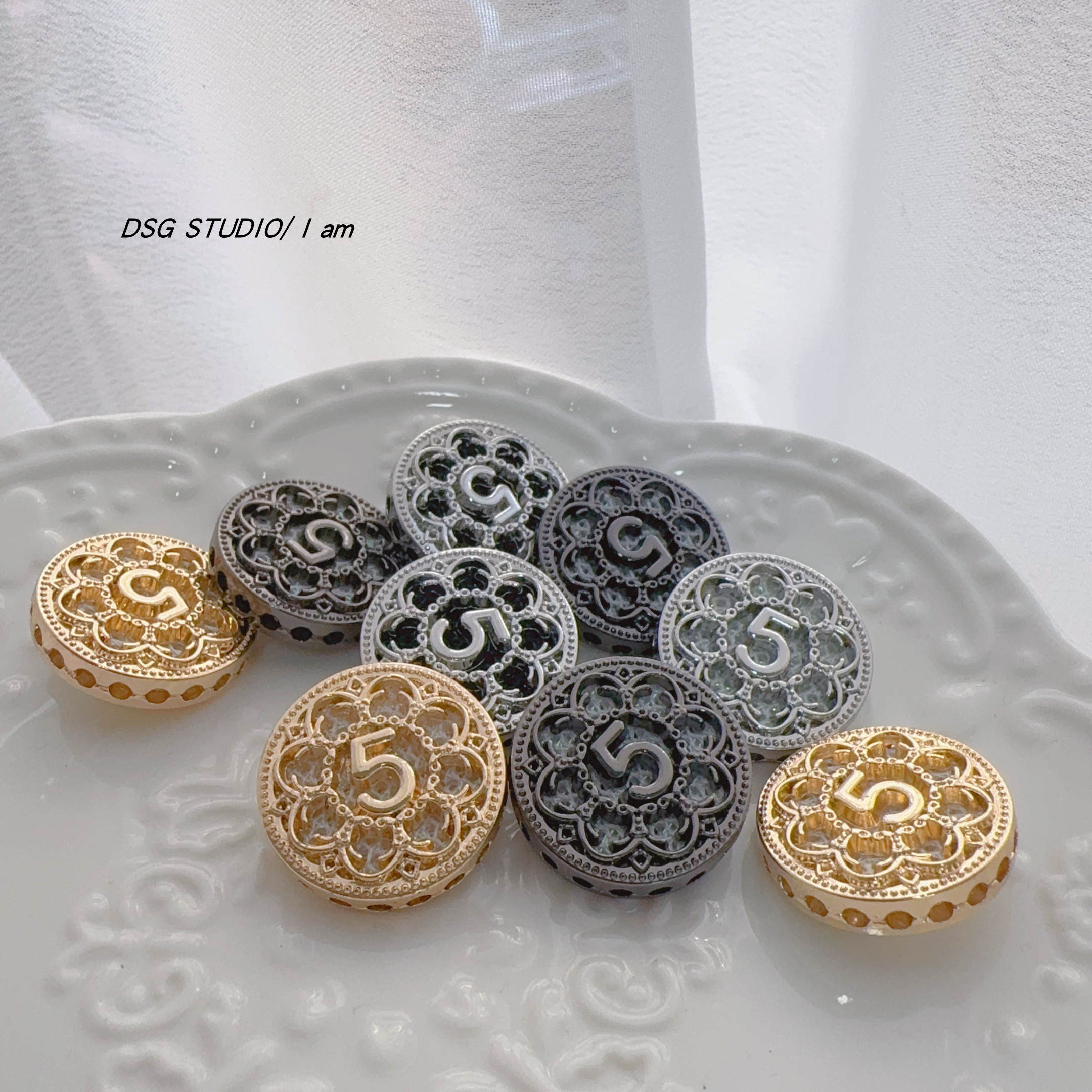 DSG 法式镂空压花高端手工金属纽扣5号黑白色服装外套毛衣扣子