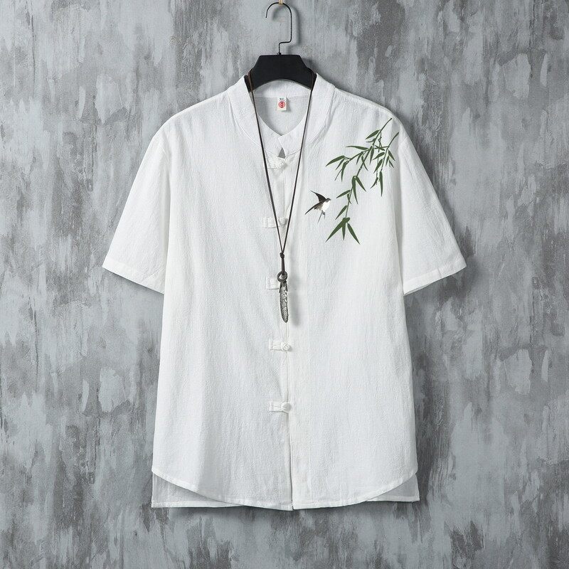 中医养生馆工作服男夏短袖亚麻衬衫茶服国风男装大师服装定制LOGO图片