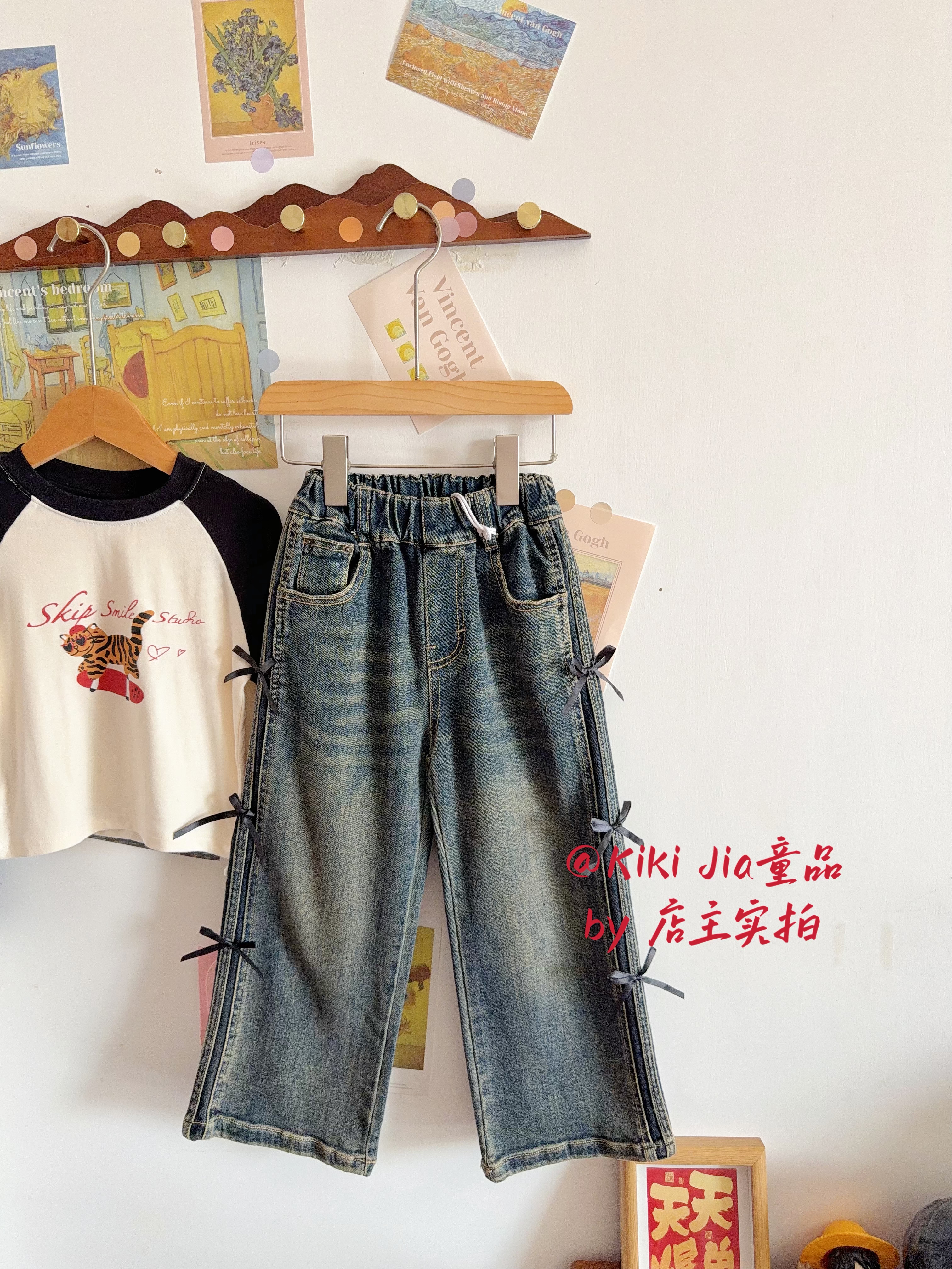 Kiki家26秋清货女中童休闲牛仔裤 韩版高品洋气蝴蝶结直筒裤特
