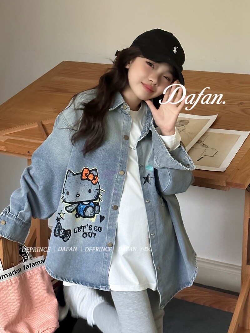Kiki家26春清货女童卡通印花牛仔衬衫薄外套 韩版宽松休闲上衣特