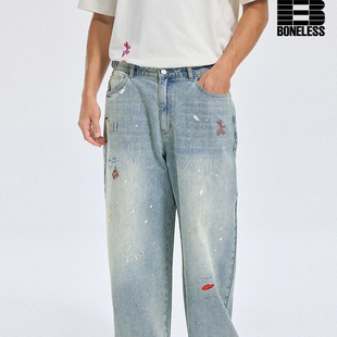 【EMO拆解局】BONELESS趣味贴图做旧泼墨休闲牛仔裤街头潮牌长裤