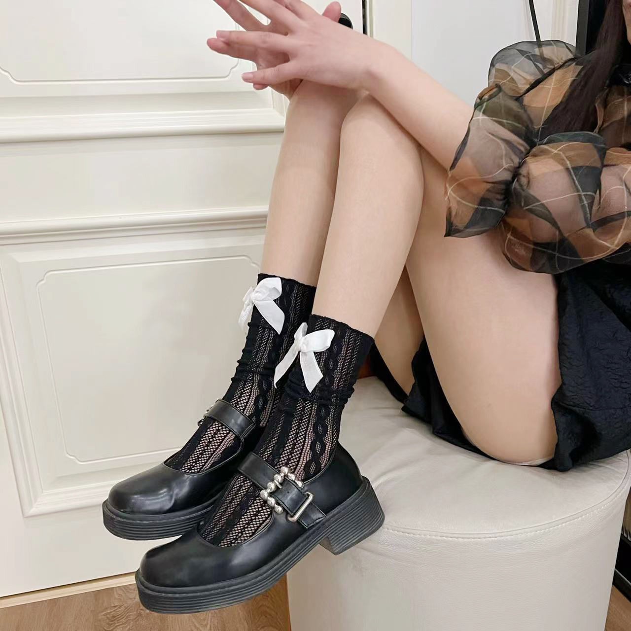jk条纹纯欲黑白色短中长筒小腿堆堆蕾丝网纱袜子女夏季薄款ins潮