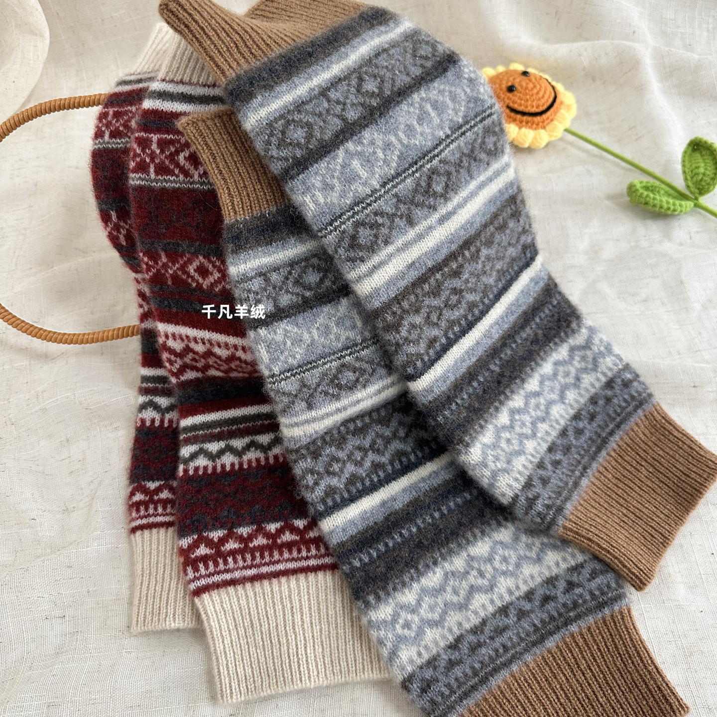 民族风~100%纯羊绒袜套加厚保暖针织护小腿套中高筒堆堆袜小腿袜