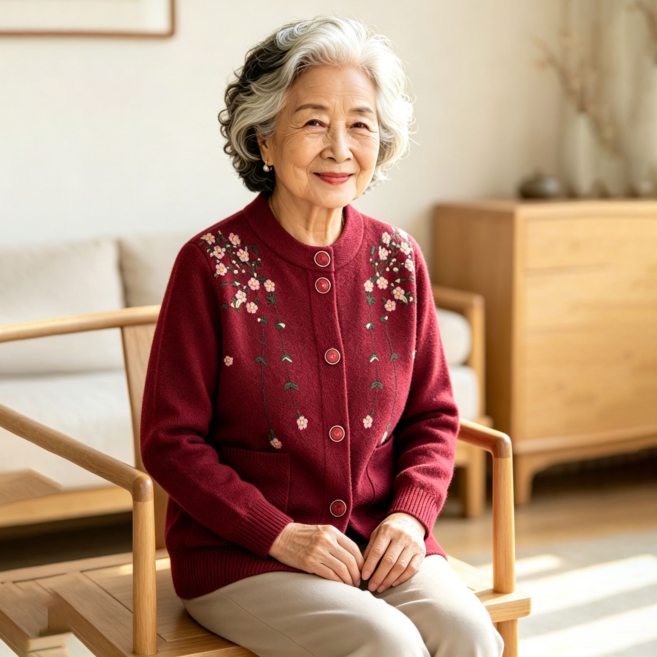 中老年妈妈圆领绣花针织开衫加绒加厚羊羔绒内里长袖外套秋冬奶奶