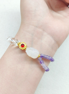 仙气盐源貔貅手串紫飘花蚂瑙白色水晶串珠双拼手链轻奢高级感手饰