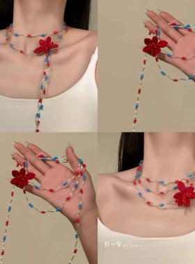春日纯欲风花朵项链红蓝