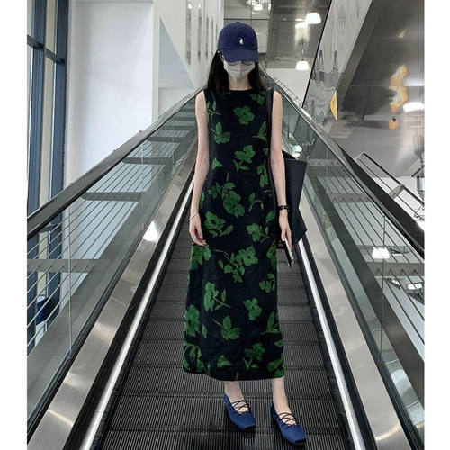 复古绿色印花吊带裙女202