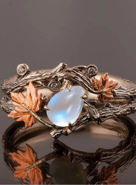 复古古董金枝枫叶戒指