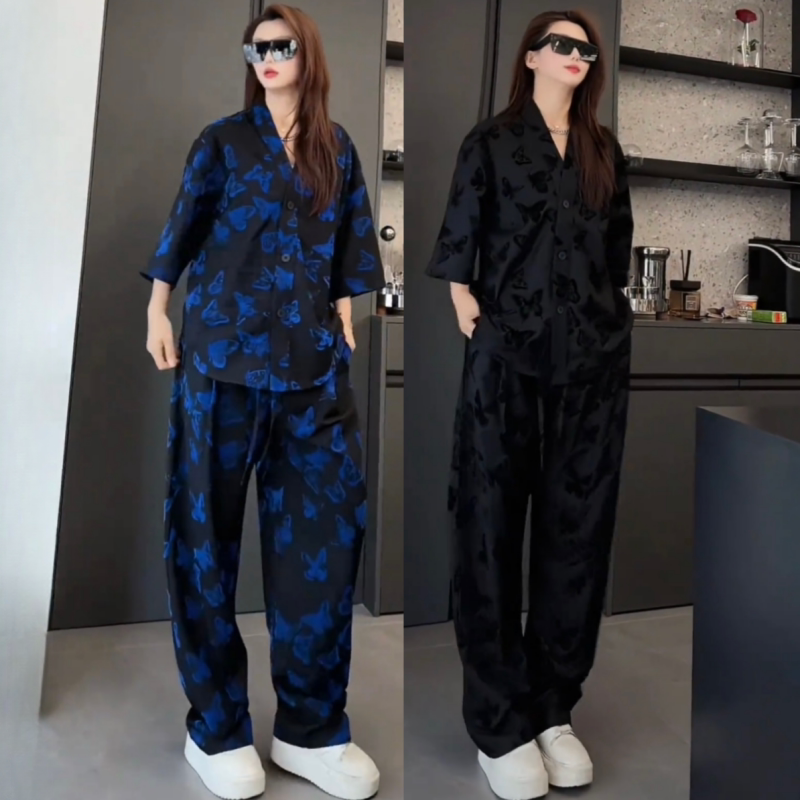 夏季潮牌蝴蝶印花冰丝垂感休闲套装男女款痞帅半袖衬衫长裤两件套