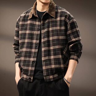 美式复古潮牌格纹翻领夹克男2026秋冬新款重磅长袖老钱风短款外套