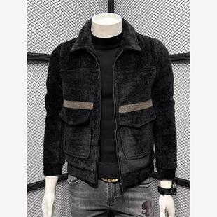 欧洲站秋冬新款修身翻领夹克男2025时尚轻奢拼色长袖高端休闲外套