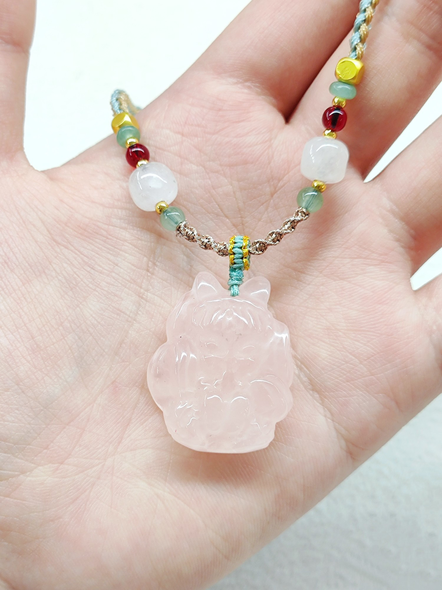 古风粉晶凤九项链粉嫩水晶串珠编绳吊坠挂脖毛衣链精致项饰礼物