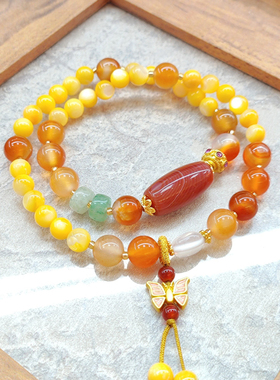 贝壳玛瑙天珠项链黄色串珠蝶梦国潮设计感手串双圈叠戴手链转运珠