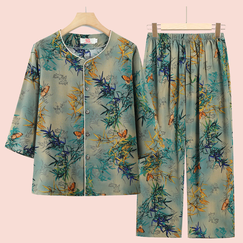中老年人夏装纯棉绸套装女妈妈夏季长袖衬衫老人衣服奶奶装两件套