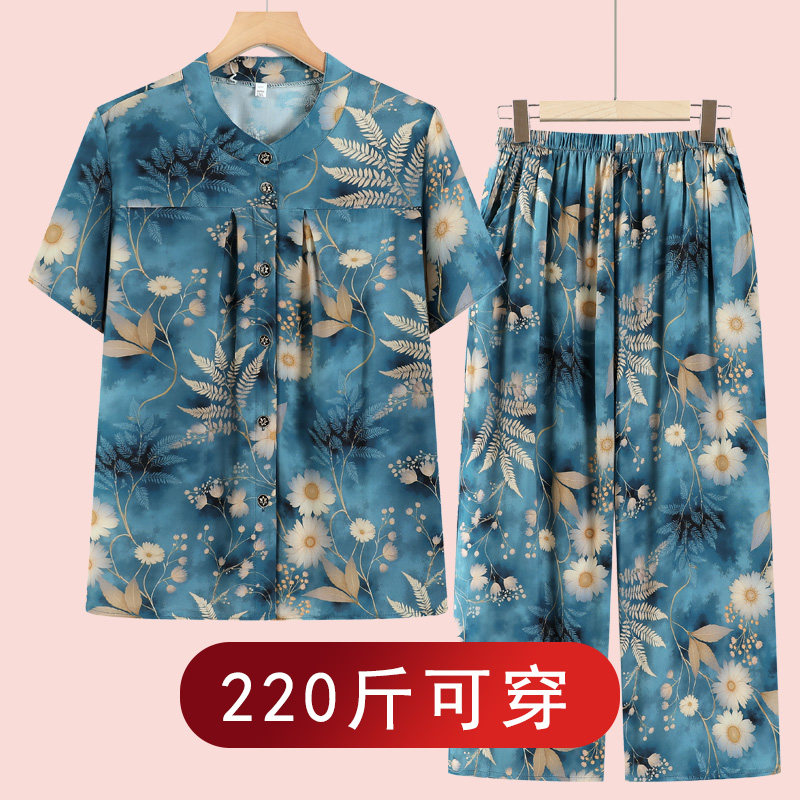 胖妈妈夏装纯绵绸睡衣中老年套装女特大码200斤奶奶装居家服外穿 - 实物图