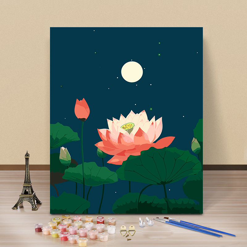荷花diy数字油画国风淡雅花卉手工填色丙烯画手绘涂色客厅装饰画图片