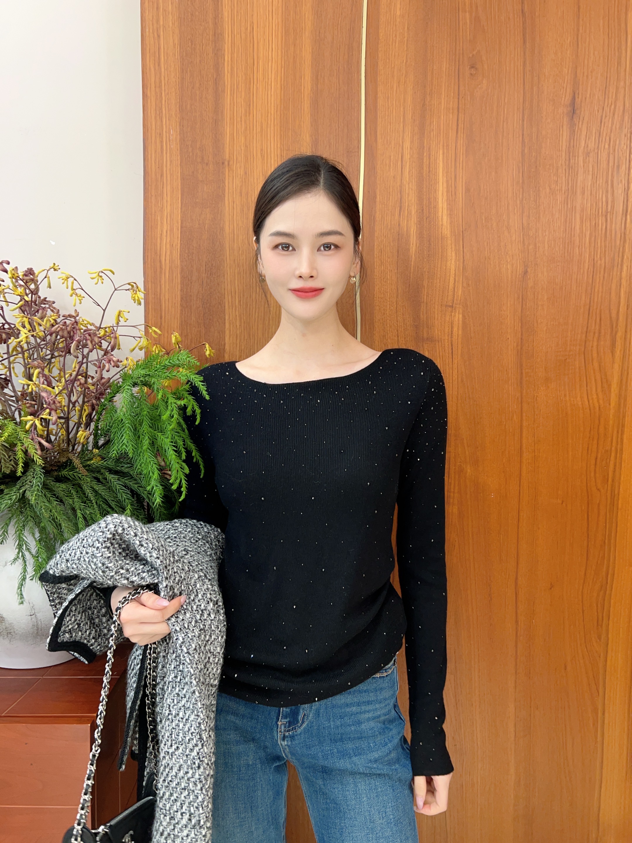 MissYu2025秋季新款韩版显瘦长袖针织衫女设计感小众一字肩打底衫