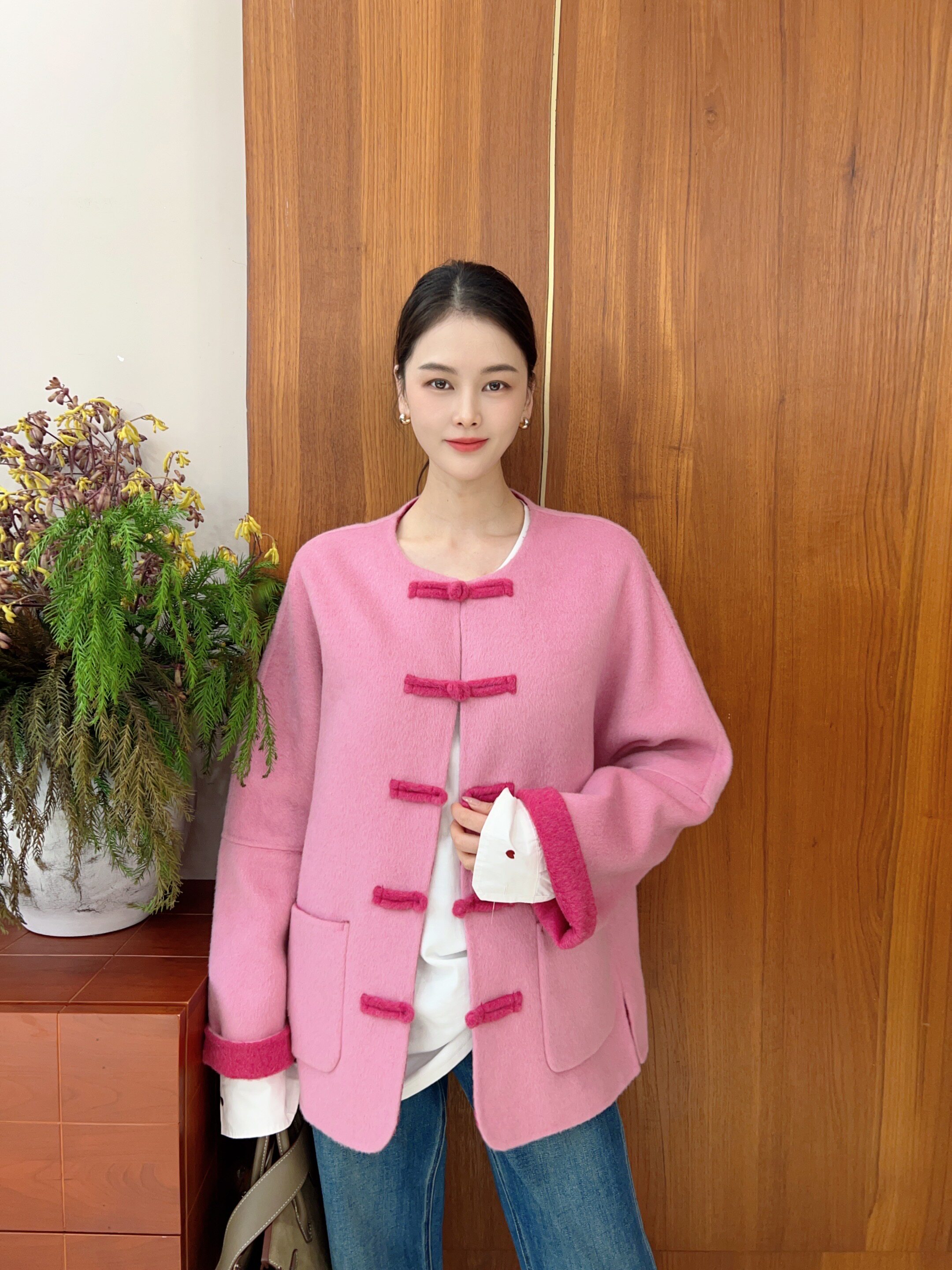 MissYu2025秋冬新款显瘦长袖短外套女盘扣新中式毛呢外套羊绒女士