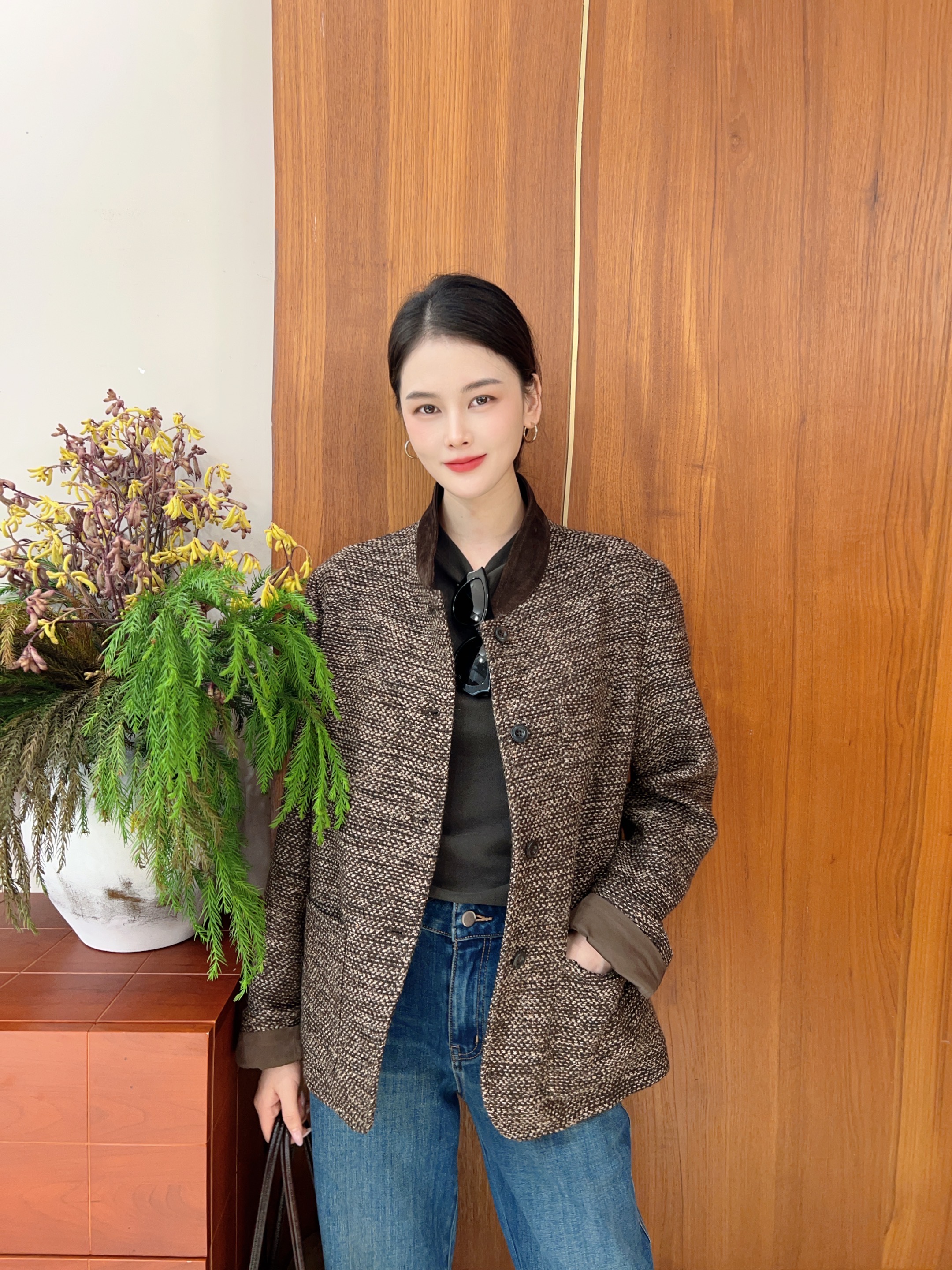 MissYu2025秋冬新款韩版时尚显瘦长袖外套女毛呢外套羊毛口袋修身