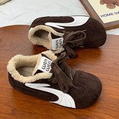 女2025秋季 新款 厚底增高休闲鞋 棕色丑萌大头加绒德训鞋 百搭阿甘鞋